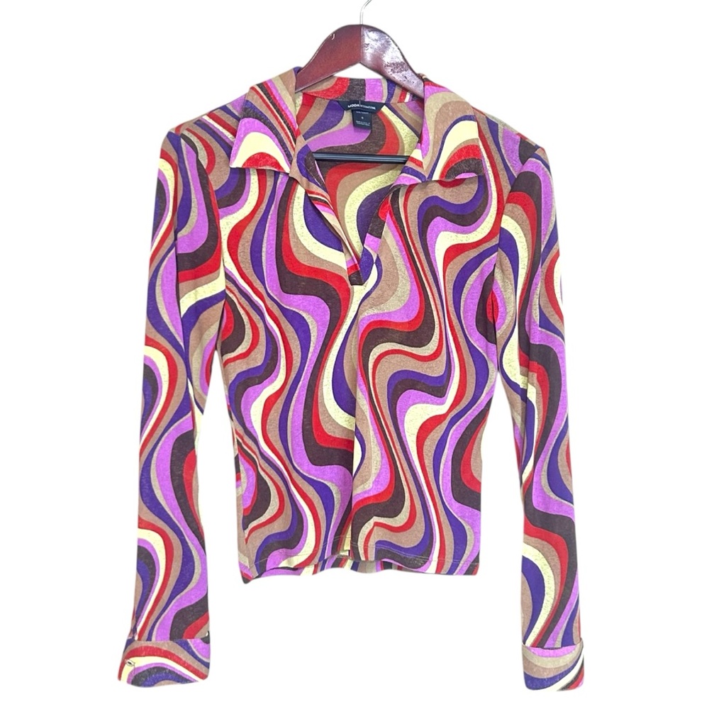 Y2K Vintage psychedelic colorful v neck color shirt by Moda International small